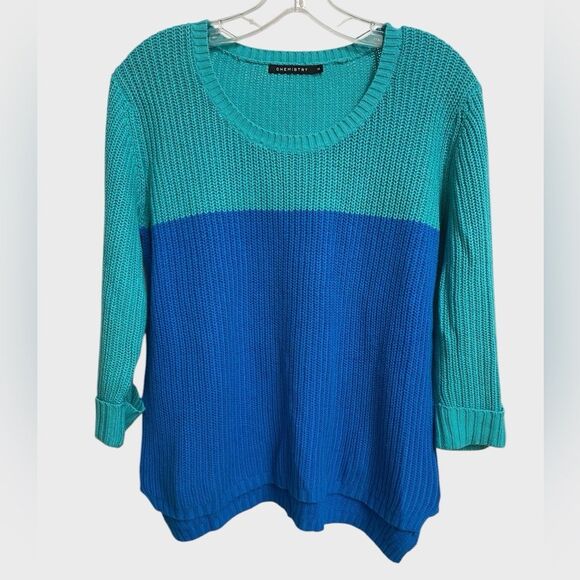 Chemistry Two-toned Knit Sweater Women's Size M Teal Blue Colorblock Cotton - Picture 1 of 14